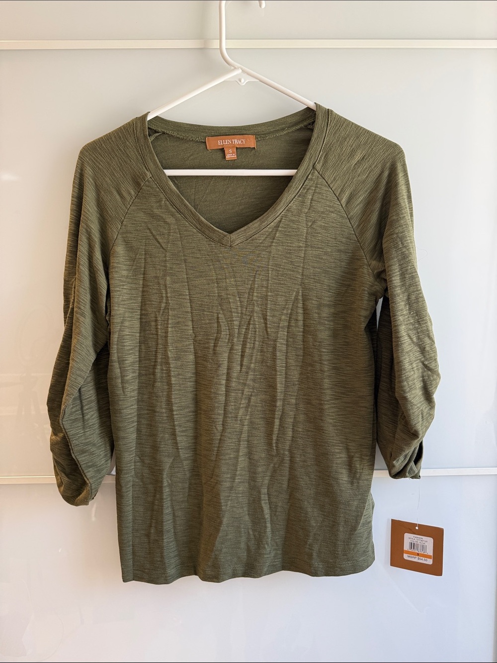Ellen Tracy Olive V-Neck Long Sleeve Top